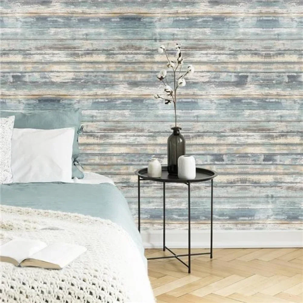 Blue Rustic Wood Paper 17''x120'' Self-Adhesive Removable  Wallpaper